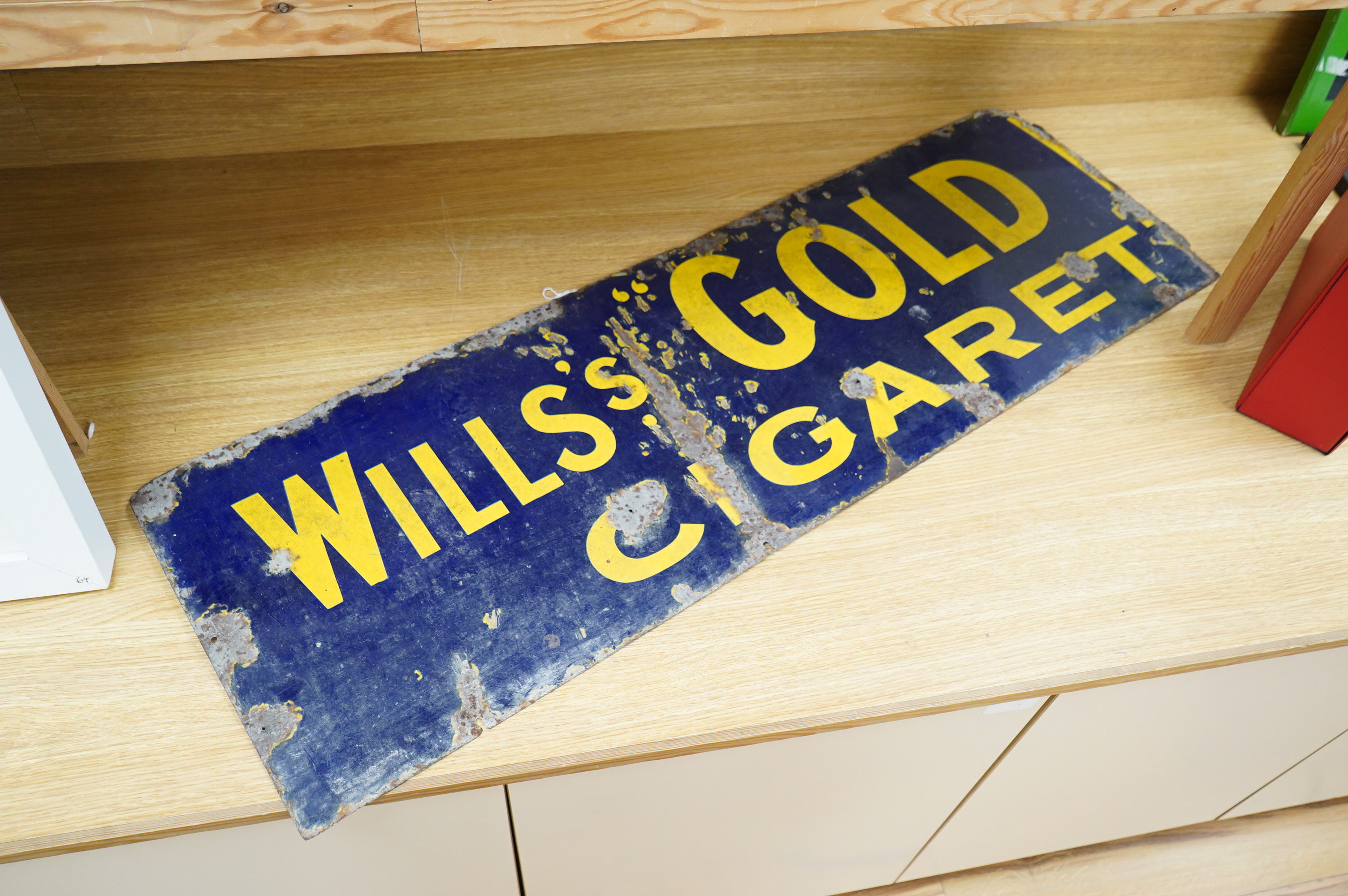 A Wills’s Gold Cigarette rectangular enamel advertising sign, 38 x 117cm